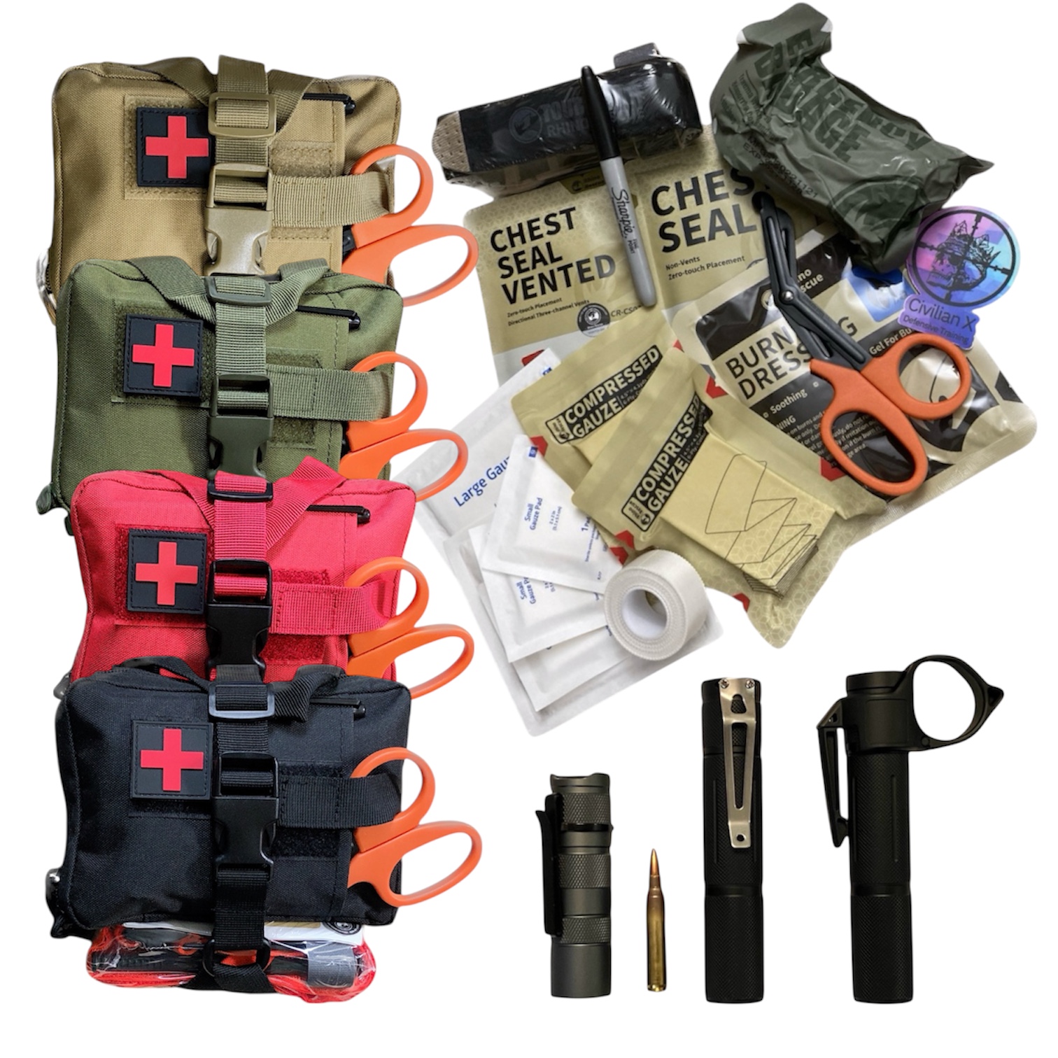 CivX Defense tactical lights and trauma kits